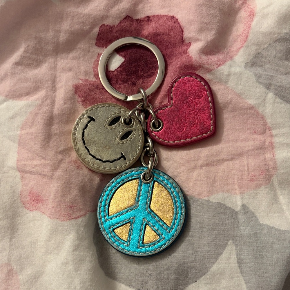 Coach Peace Sign, Heart, and Smile leather keychain